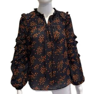 Ann Taylor Ditsy Floral Peasant Blouse Petite XXS Sheer Ruffle Drawstring Neck